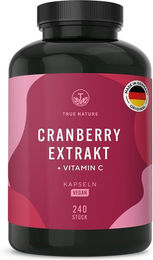 TRUE NATURE® Cranberry Extrakt Kapseln mit Vitamin C, 6% Proanthocyanidine, vegan, laktosefrei und glutenfrei, 240 Kapseln – Bild 1 von 3