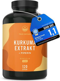 TRUE NATURE® Kurkuma Extrakt Kapseln mit 332 mg Curcuminoiden, 120 Kapseln, vegan, laktosefrei und glutenfrei – Bild 1 von 2