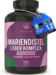 TRUE NATURE Mariendistel Leber Komplex Kapseln mit Cholin, Artischocke und Löwenzahn, 180 Kapseln, laktosefrei und glutenfrei – Bild 1 von 7