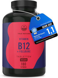 TRUE NATURE® Vitamin B12 1000µg mit Folsäure Quatrefolic Tabletten 180 Stück vegan laktosefrei glutenfrei für Schwangere und Stillende sowie Senioren – Bild 1 von 2