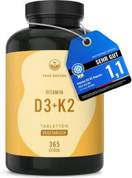 TRUE NATURE® Vitamin D3 K2 hochdosiert 2500 IE Tabletten 365 Stück vegetarisch glutenfrei laktosefrei – Bild 1 von 3