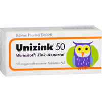 Produktbild von Unizink 50 magensaftresistente Tabletten von Köhler Pharma glutenfrei laktosefrei hefefrei 50 Stück