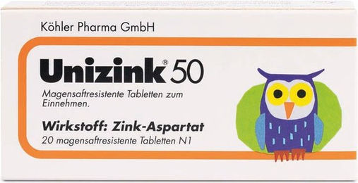 Unizink Zink 50 mg magensaftresistente Tabletten glutenfrei 20 Stück – Bild 1 von 2