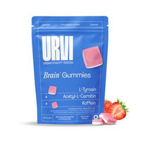 Produktbild von URVI Brain Fokus Gummibärchen Erdbeere mit L-Tyrosin, Acetyl-L-Carnitin, Jod, Folat, B12 und 16 mg Koffein, zuckerfrei und glutenfrei, 60 Stück