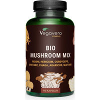Produktbild von Vegavero Bio Mushroom Mix Kräuter-Komplex mit Reishi, Hericium, Cordyceps, Shiitake, Chaga, Agaricus und Maitake vegan 90 Kapseln