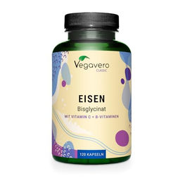 Vegavero Eisen Bisglycinat 30 mg mit Vitamin C, Folsäure, Vitamin B12 und B6, vegan, ohne Zusatzstoffe, 120 Kapseln – Bild 1 von 2