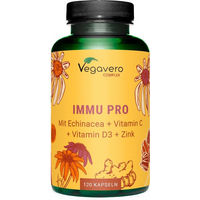 Produktbild von Vegavero Immu Pro Complex Kapseln mit Acerola, Echinacea, Ingwer, Vitamin D3, Zink und Selen, vegan, 120 Kapseln