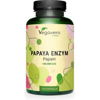 Produktbild von Vegavero Papaya Enzym Kapseln mit 2100 mg Papain und 4,2 Mio U Enzymaktivität, 120 Kapseln, vegan und ohne Zusatzstoffe