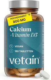 VETAIN Calcium Vitamin D3 Tabletten mit 1600 mg Calcium und 800 mg Carbonat, 180 Tabletten, vegan und ohne Zusatzstoffe – Bild 1 von 3