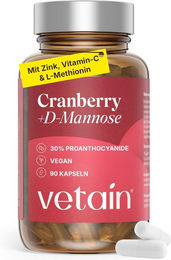 VETAIN Cranberry D-Mannose Kapseln mit Vitamin C, Zink und L-Methionin – Vegan, glutenfrei und laktosefrei – Bild 1 von 2