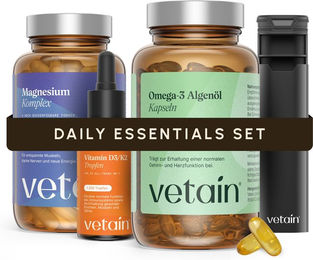 VETAIN Daily Essentials Set – Magnesium Komplex, Omega 3 Vegan & Vitamin D3 K2 Tropfen – Bild 1 von 2