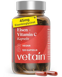VETAIN Eisen 45 mg aus Eisenbisglycinat mit Vitamin C, 120 Kapseln, hochdosiert, vegan, glutenfrei und laktosefrei – Bild 1 von 5