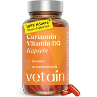 Produktbild von VETAIN Liquid Kurkuma Kapseln mit Vitamin D3 Mizell Curcumin NovaSOL vegan und ohne Zusatzstoffe