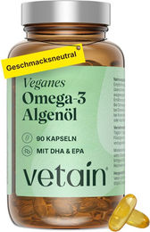VETAIN Omega 3 Vegan Algenöl Kapseln hochdosiert mit DHA und EPA glutenfrei und laktosefrei – Bild 1 von 1