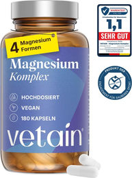 VETAIN Premium Magnesium Komplex Hochdosiert Magnesium Bisglycinat Kapseln Vegan für Sportler 180 Kapseln – Bild 1 von 2