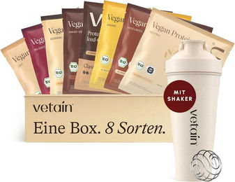 VETAIN Proteinpulver Probierpaket mit Shaker - 8 x 30g - Vegan & Bio - Mehrkomponenten Protein Pulver – Bild 1 von 4