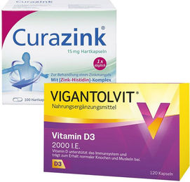 Vigantolvit Vitamin D3 2000 I.E. und Curazink Set Kapseln glutenfrei und laktosefrei für Erwachsene, Frauen und Senioren – Bild 1 von 1