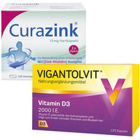 Produktbild von Vigantolvit Vitamin D3 2000 I.E. und Curazink Set Kapseln glutenfrei und laktosefrei für Erwachsene, Frauen und Senioren