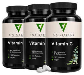 Vita Elements Vitamin C mit Hagebutte 1000 mg Tabletten 180 Stück Vegan für Erwachsene – Bild 1 von 3