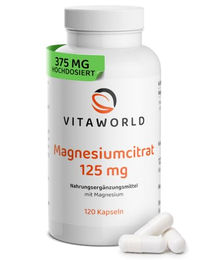Vita World Magnesiumcitrat 125 mg, 375 mg Magnesium pro Tagesverzehrmenge, 120 Kapseln, vegan – Bild 1 von 2