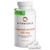 Produktbild von Vita World Magnesiumcitrat 125 mg, 375 mg Magnesium pro Tagesverzehrmenge, 120 Kapseln, vegan