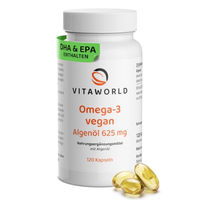 Produktbild von Vita World Omega 3 vegan Kapseln mit 250 mg DHA für Erwachsene, 120 Kapseln, vegan und glutenfrei