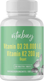 Vitabay Vitamin D3 Depot 20000 IE und Vitamin K2 Tabletten vegan 180 Stück – Bild 1 von 4
