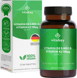 Vitabay Vitamin D3 K2 5000 IE Tabletten vegan 180 Stück – Bild 1 von 3
