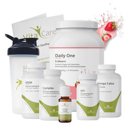 VitaCare 21-Tage Stoffwechsel-Kur Paket Erdbeere 8-teiliges Komplettpaket mit Proteinshake, MSM, Multivitamin, Omega 3, OPC, Globuli und Shaker – Bild 1 von 1