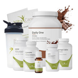 VitaCare 21-Tage Stoffwechsel-Kur Paket Schoko 8-teiliges Komplettpaket mit Proteinshake, MSM, Multivitamin, Omega 3 und OPC in Kapseln – Bild 1 von 1