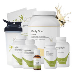 VitaCare 21-Tage Stoffwechsel-Kur Paket Vanille mit Proteinshake, MSM, Multivitamin, Omega 3 plus, OPC, Globuli und Shaker 8-teiliges Komplettpaket – Bild 1 von 1