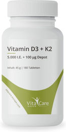 VitaCare Vitamin D3 + K2 5000 I.E. Tabletten 180 Stück glutenfrei laktosefrei ohne Zusatzstoffe – Bild 1 von 1