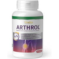 Produktbild von Vitality Nutritionals Arthrol Gelenkkapseln mit Kollagen Typ I und II, MSM, Glucosamin, Hyaluron und Boswellia, 180 Kapseln, ohne Zusatzstoffe, glutenfrei, laktosefrei und zuckerfrei