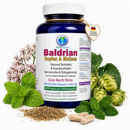 VitalLeben Baldrian Hopfen Melisse Kapseln 360 Stück ohne Zusatzstoffe laktosefrei und glutenfrei – Bild 1 von 5