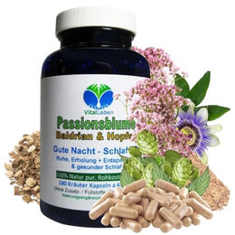 VitalLeben Einschlafhilfe mit Baldrian, Hopfen und Passionsblume, 180 Kapseln, ohne Zusatzstoffe, gluten- und laktosefrei – Bild 1 von 2