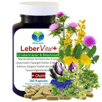 Produktbild von VitalLeben Leber Vital Komplex Kapseln mit 12 Kräutern Bitterstoffen Cholin Löwenzahn Artischocke und Mariendistel vegan ohne Zusatzstoffe 360 Kapseln