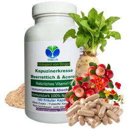 VitalLife Kapuzinerkresse Meerrettich und Acerola Vitamin C Kapseln 180 Stück ohne Zusatzstoffe gluten- und laktosefrei – Bild 1 von 2