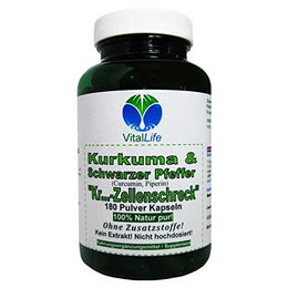 VitalLife Kurkuma und schwarzer Pfeffer Kapseln mit gemahlener Wurzel, 180 Stück, ohne Zusatzstoffe, glutenfrei und laktosefrei – Bild 1 von 2