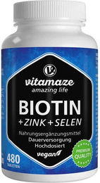 Vitamaze Biotin 10 mg hochdosiert mit Zink und Selen Tabletten vegan 480 Stück – Bild 1 von 4
