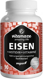 Vitamaze Eisen Fumarat 20 mg mit Histidin sowie Vitamin C, B9 und B12 Kapseln vegan für Erwachsene 90 Stück – Bild 1 von 1