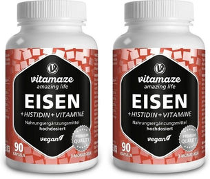 Vitamaze Eisen Fumarat 20 mg mit Histidin und Vitaminen C, B9, B12, 180 Kapseln, vegan, glutenfrei und laktosefrei für Erwachsene – Bild 1 von 1