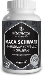 Vitamaze Maca Schwarz L-Arginin Tribulus Ginseng Komplex Kapseln 180 Stück glutenfrei laktosefrei ohne Zusatzstoffe – Bild 1 von 3