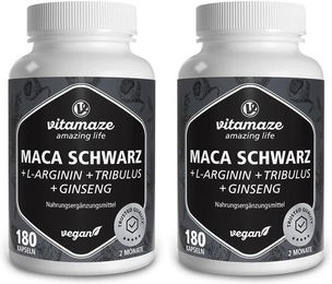 Vitamaze Maca Schwarz mit L-Arginin, Tribulus und Ginseng Kapseln glutenfrei und laktosefrei 60 Stück – Bild 1 von 3