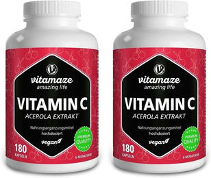 Vitamaze Vitamin C 160 mg hochdosiert Kapseln mit Acerola und Hagebutte 180 Stück – Bild 1 von 1