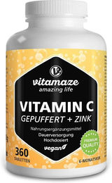 Vitamaze Vitamin C gepuffert 1000 mg und Zink Tabletten vegan ohne Zusatzstoffe 360 Stück – Bild 1 von 3