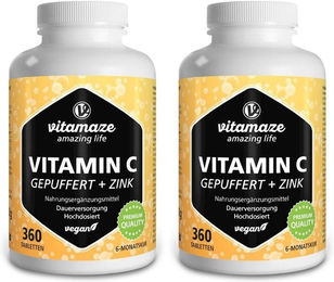 Vitamaze Vitamin C gepuffert und Zink Tabletten vegan ohne Zusatzstoffe 360 Stück – Bild 1 von 4