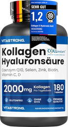 Vitastrong Kollagen Typ I & III mit Hyaluronsäure, Biotin, Zink, Selen und CoQ10, 2000 mg, 180 Tabletten, glutenfrei und laktosefrei – Bild 1 von 6