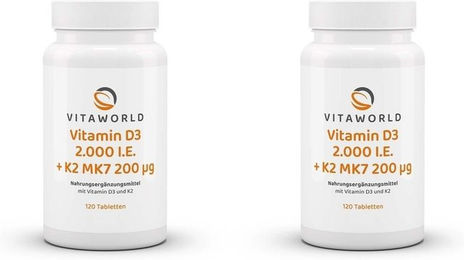 VitaWorld Vitamin D3 2000 I.E. und K2 MK7 200 µg Tabletten 120 Stück – Bild 1 von 1