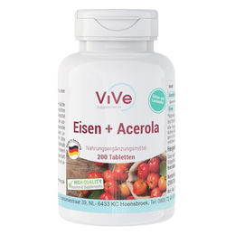 ViVe Supplements Eisen + Acerola Tabletten mit Eisenbisglycinat und natürlichem Vitamin C, 40 mg Eisen und 40 mg Vitamin C pro Tablette, 200 Tabletten, glutenfrei und laktosefrei – Bild 1 von 1