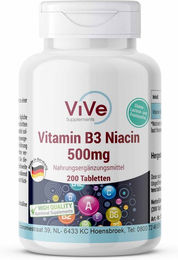 Vive Supplements Niacin Vitamin B3 500 mg Tabletten glutenfrei laktosefrei ohne Zusatzstoffe 200 Stück – Bild 1 von 1